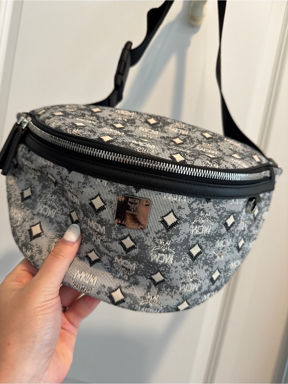 MCM Blue Gray Jacquard Belt Bag